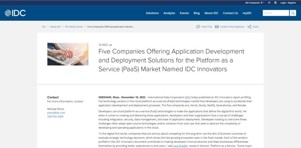Five Companies Offering Application Development and Deployment Solutions for the Platform as a Service (PaaS) Market Named IDC Innovators